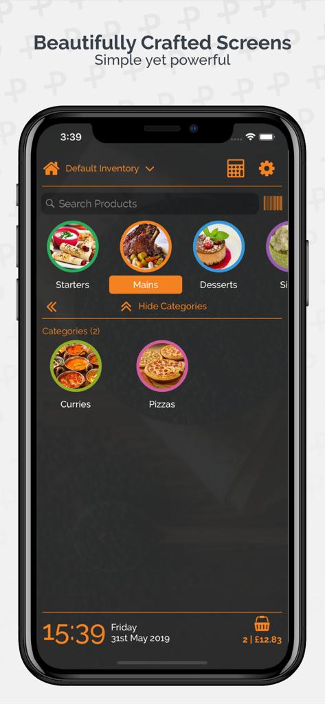 PosApptive POS mobile application showing a restaurant menu with food categories on a smartphone screen