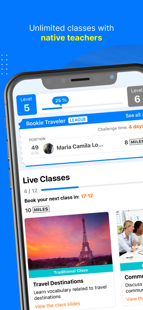Open English app screen showing student progress and live conversation classes