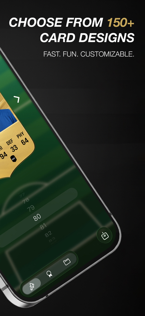 FUT Card Creator FC 26 - A mobile interface showing football card designs and player rating customization in FUT Card Creator FC 26