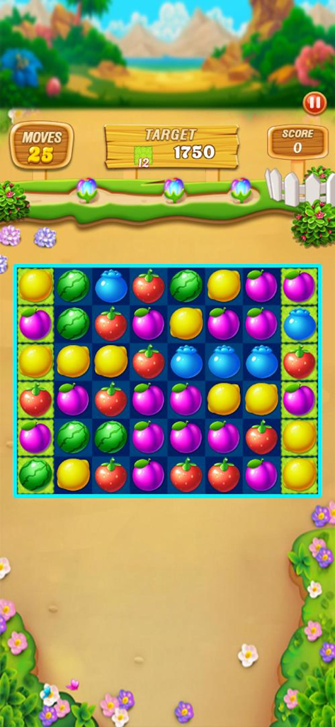 Fruit Frenzy Link Match Puzzle - Colorful fruit matching game board with target score and moves UI