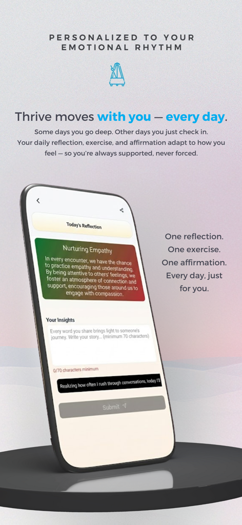 Thrive AI — Your daily guide - Thrive AIアプリのインターフェースで、共感を育むための毎日の振り返りを表示するスマートフォン