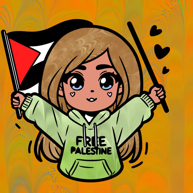 girl wearing free palestine hoodie with a waving a palestinian flag