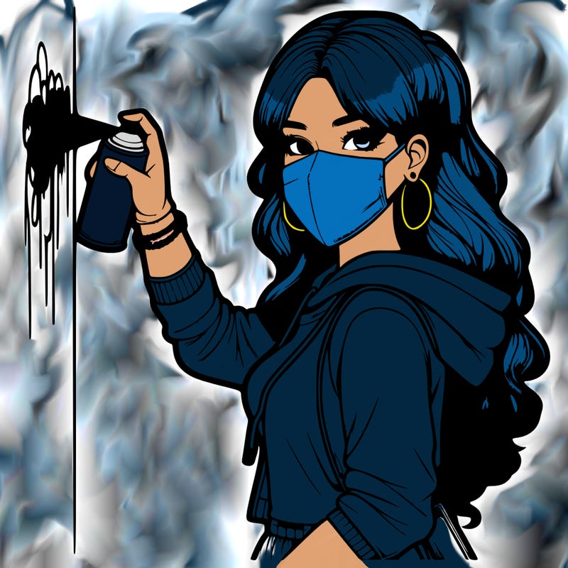 realistic girl with mask spray painting a wall