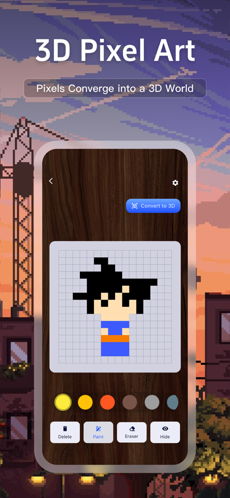 Pixel3D - Dream to 3D Reality - Pixel3D App-Oberfläche, die die Erstellung eines Pixel-Charakters auf einem Raster zeigt, mit Optionen zur Konvertierung in 3D-Modelle
