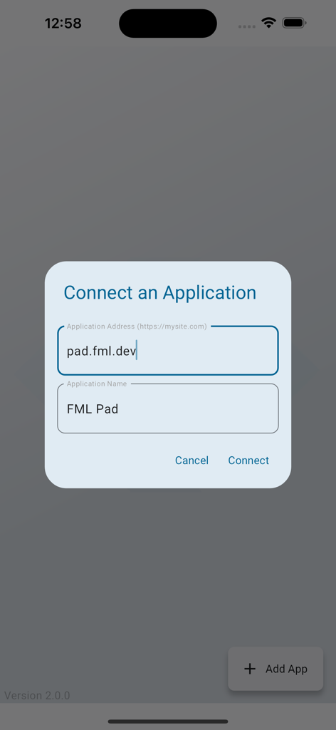 Framework Markup Language - Una pantalla que muestra un diálogo para conectar una aplicación FML ingresando su dirección y nombre.