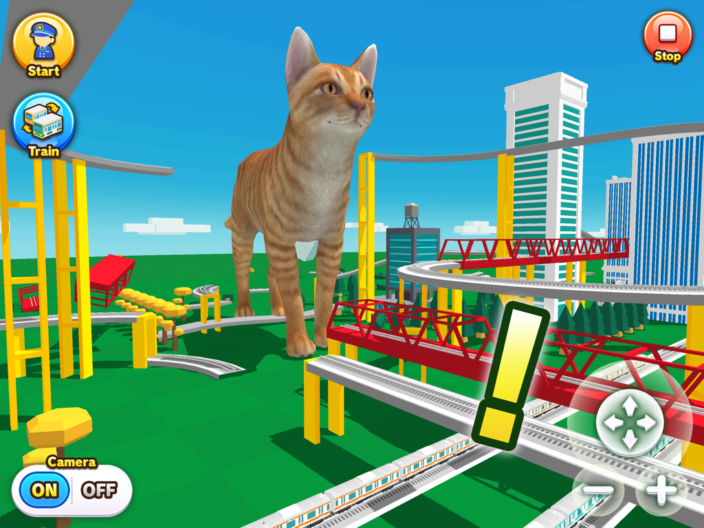 Train Go for iPad - Um gato ruivo gigante em pé no meio de um sistema ferroviário 3D complexo com trilhos elevados e arranha-céus da cidade.