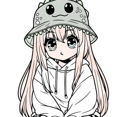 girl with anime shaped eyes with a dinosaur bucket hat oversized sweatshirt long straight hair
