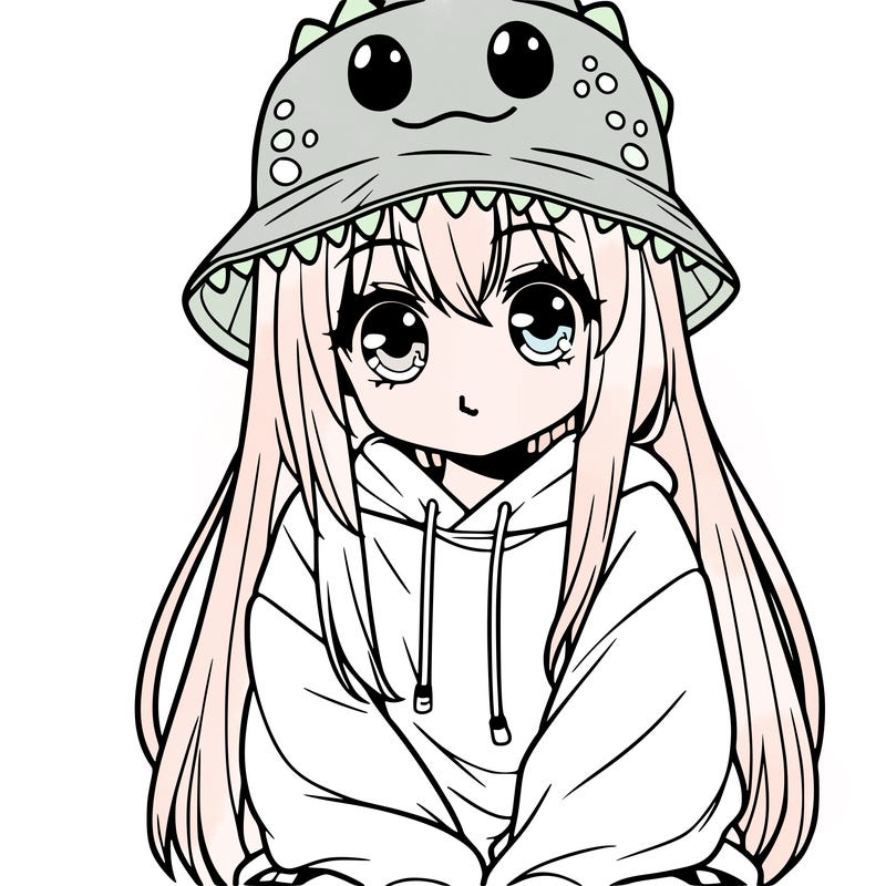 girl with anime shaped eyes with a dinosaur bucket hat oversized sweatshirt long straight hair
