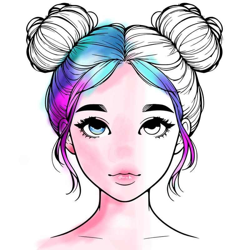 realistic girl with two buns on top of her head