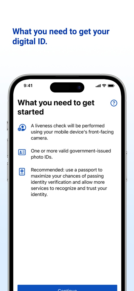 Pantalla de incorporación para la aplicación eID-Me que enumera los requisitos de verificación de identidad