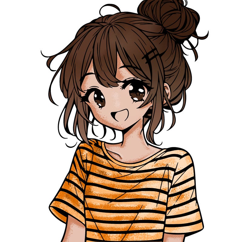 anime girl teenager striped shirt and smile and messy bun