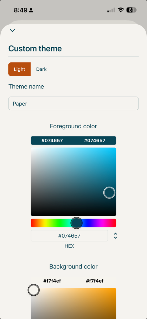 Storyteller Reader - Custom theme settings in Storyteller Reader with color selection for foreground and background.