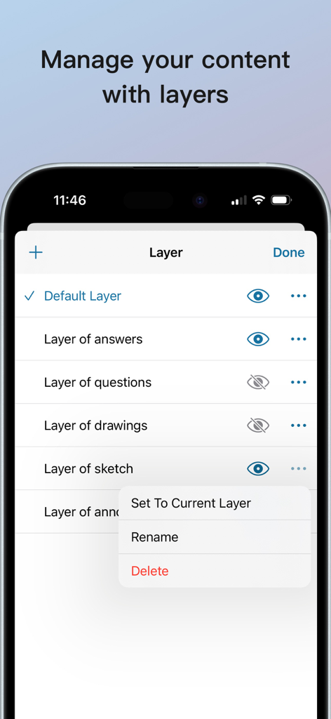 A screenshot of the StoneNote app interface displaying the layer management tool for organizing study notes.