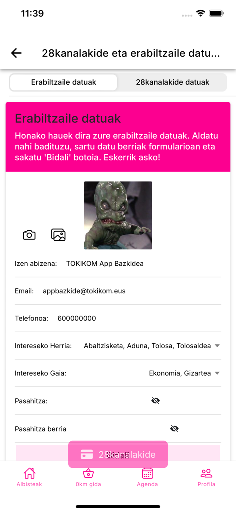 A mobile app screen displaying user profile details and interests for the 28 KANALA news app.