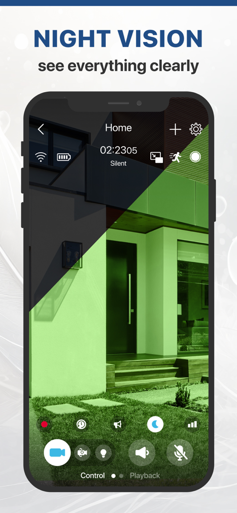 ZoomOn Home Security Camera - A smartphone showing the night vision feature of the ZoomOn security camera app monitoring a house exterior