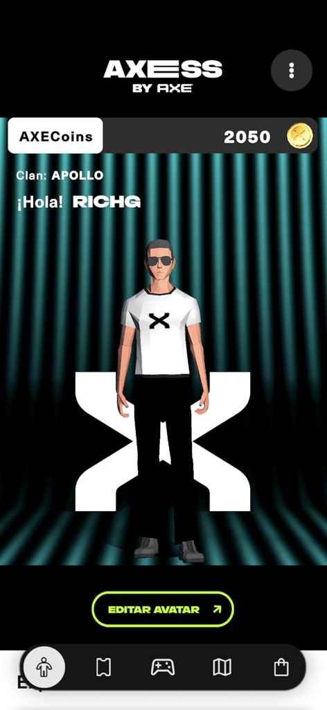 AXESS by AXE app profile page showing a 3D avatar and rewards balance