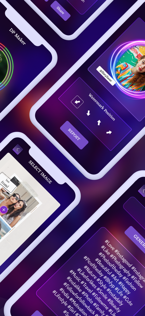 Story Savers : InStory - Multiple screens of the InStory app showing profile picture borders repost tools and trending hashtags list