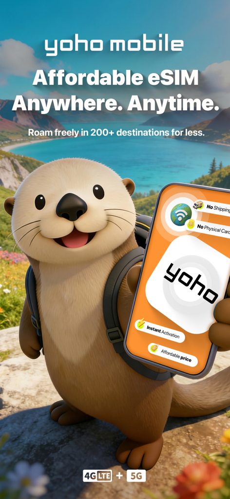 Yoho eSIM: AI Travel Data/Call - Yoho eSIM mascot otter holding a smartphone promoting international travel data plans