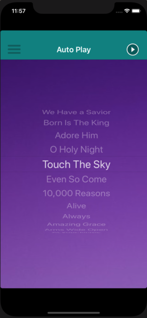 Christian Song - The Auto Play screen of the Christian Song app showing a scrolling list of worship music titles on a purple background.
