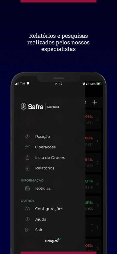 Safra Corretora - Menú lateral de la aplicación móvil Safra Corretora mostrando opciones para posición de portafolio, operaciones e informes de especialistas.