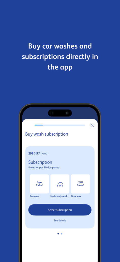 OKQ8 mobile app screen showing options to buy a car wash subscription for 299 SEK per month