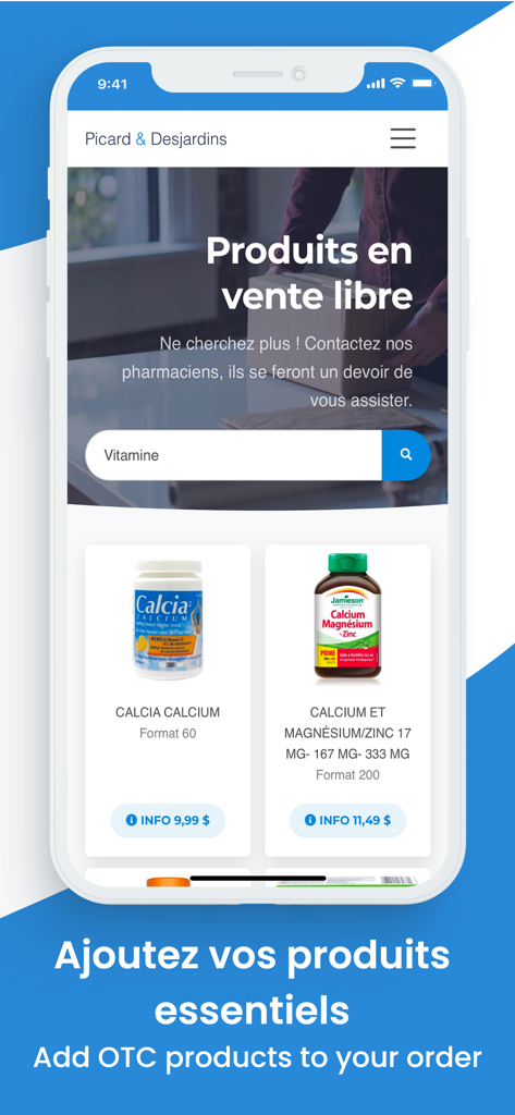Interface de l'application Picard et Desjardins montrant des produits de santé en vente libre et des vitamines.