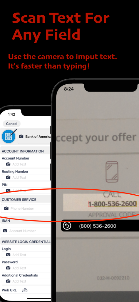ID Lock - Secure Data Manager - Smartphone screen showing ID Lock app scanning a phone number from a document to automate data entry.
