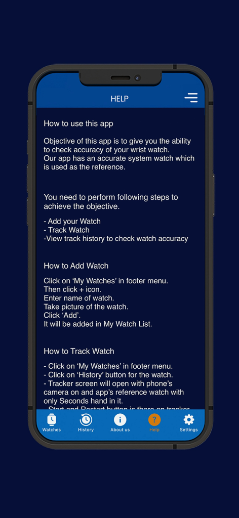 Watch Accuracy Checker - Der Hilfe-Bildschirm der Watch Accuracy Checker App mit Anweisungen zur Verfolgung der Uhren-Genauigkeit.