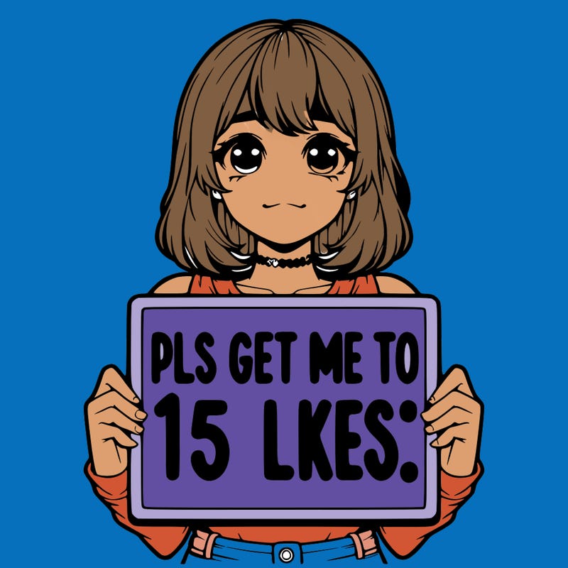 realistic girl holding up a sign that says “pls get me to 15 likes!”