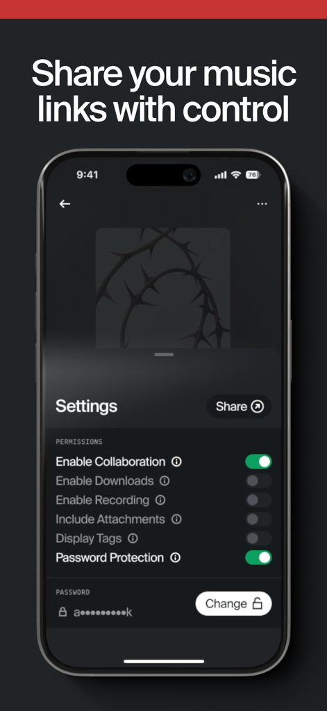 Offtop - Music Studio - Settings menu in the Offtop app for sharing music links with options for password protection and collaboration permissions