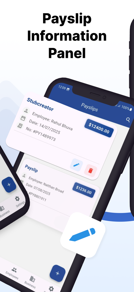 Information panel in the Payslip Maker app showing a list of employee pay stubs with salary details