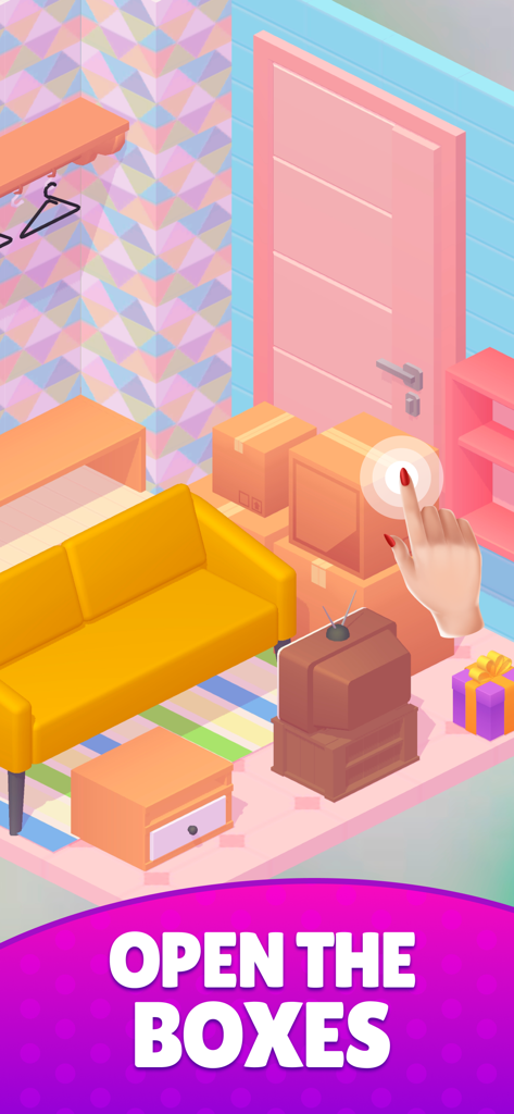 Decor Life - Home Design Game - Decor Lifeホームデザインゲームで、アイテムを開封するために段ボール箱をクリックする手。