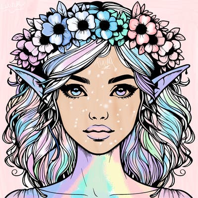 realistic female elf with flower crown