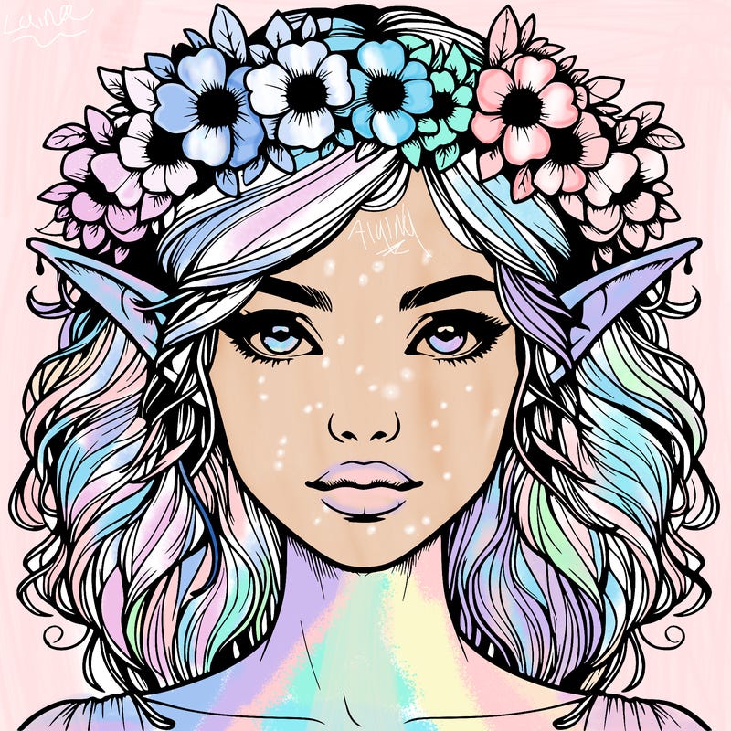 realistic female elf with flower crown