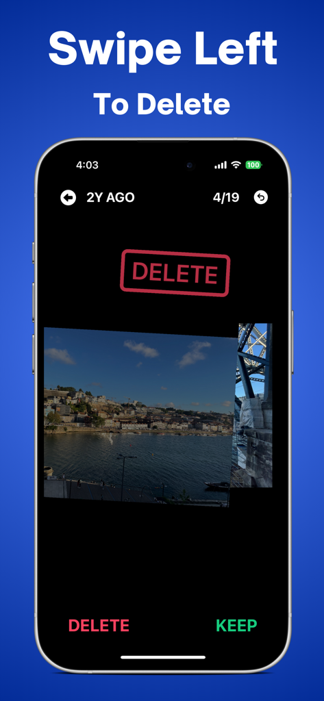 VidRecover app screen demonstrating the swipe left to delete feature for easy camera roll cleanup