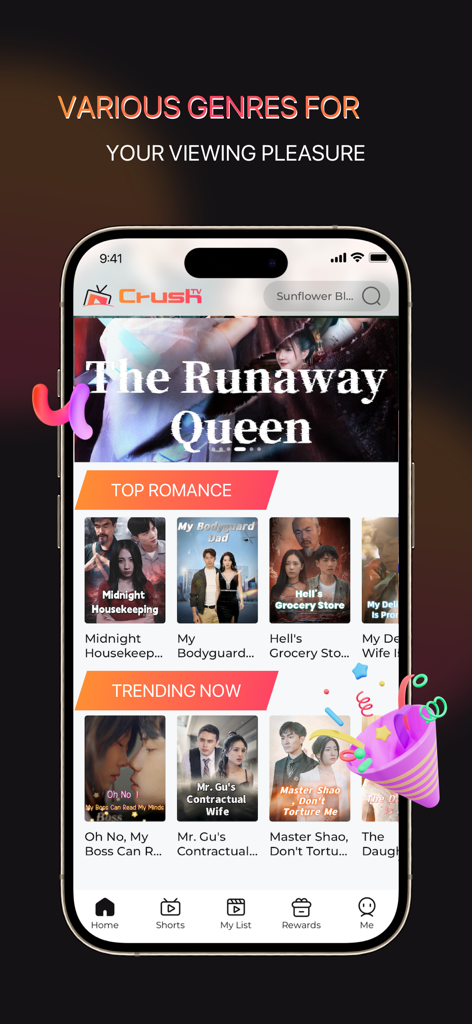 CrushTV - Short & Drama - Tela inicial do aplicativo CrushTV apresentando vários gêneros de dramas curtos e títulos em alta em um smartphone.