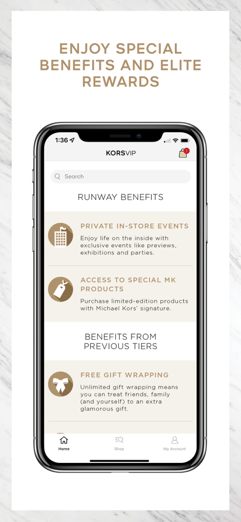KORSVIP - KORSVIP app interface showing exclusive runway tier benefits like private in-store events and free gift wrapping.
