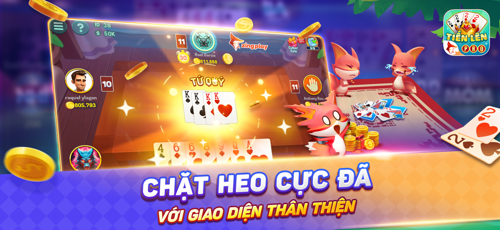 Captura de pantalla del juego de Tien Len Mien Nam Pro ZingPlay mostrando una mano ganadora de póker.