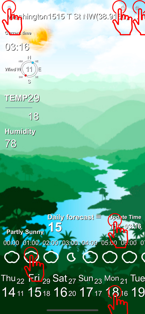 Radar Weather - Rain Forecast - Hyperlocal weather forecast screen for Washington DC showing current temperature humidity wind and a weekly outlook