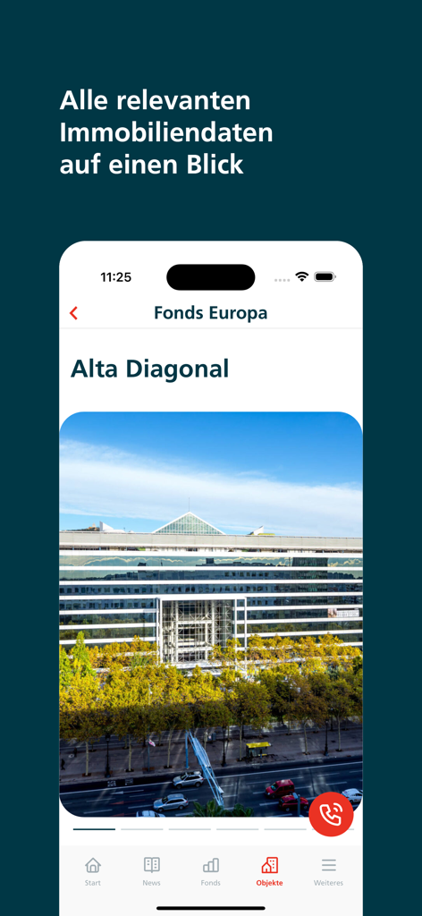 A screenshot of the Deka Immobilienfonds app displaying the Alta Diagonal property profile with an image of the building and navigation icons.