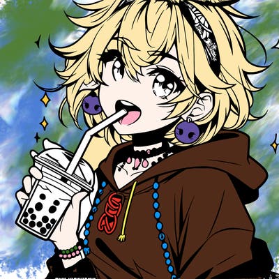 hot baddie anime girl drinking boba and biting the straw