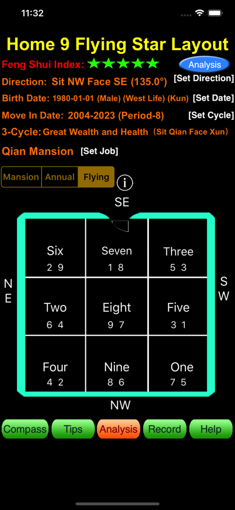 Smart Feng Shui Compass (Lite) - Smart Feng Shui Compass app showing the Home 9 Flying Star layout grid analysis