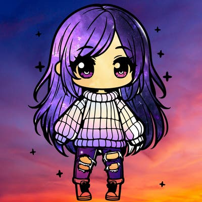 chibi girl with ripped jeans,long hair, and an oversized sweater