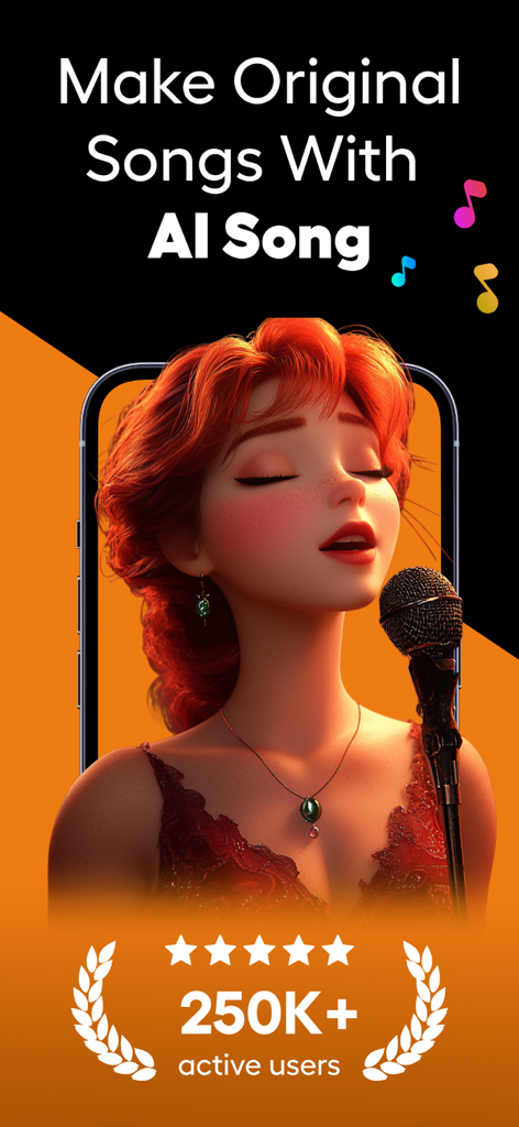 Sona AI Music app promotional screen showing an AI singer and text for making original songs