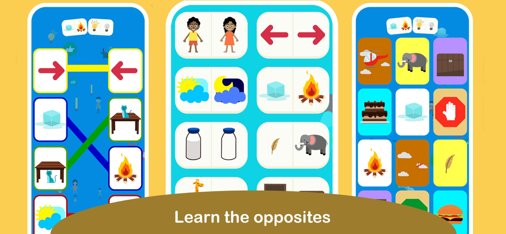 Educational screens from Read and Count PRO showing games to learn opposites and matching for preschool children