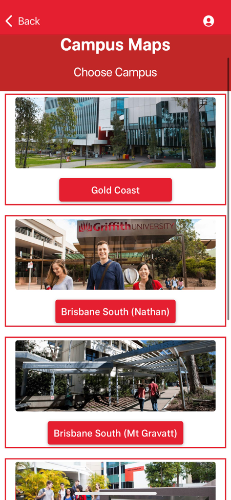グリフィス大学アプリの画面。ゴールドコーストとブリスベンのキャンパスマップを選択するオプションが表示されています。