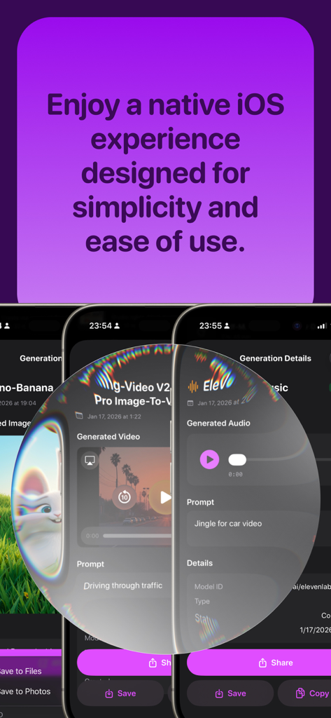 Native iOS-Oberfläche von Fortune AI Playground, die Video- und Audio-Generierungsergebnisse zeigt