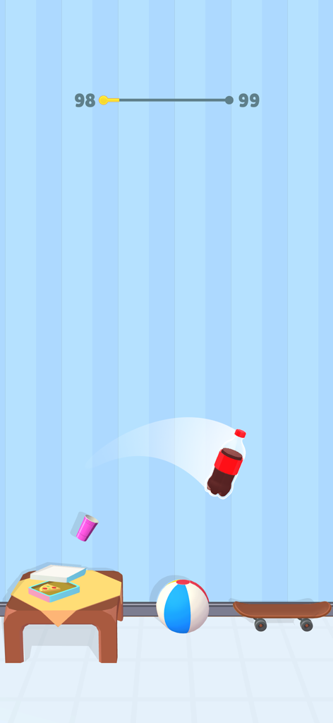 Flip the Bottle: Jump Bottle - A soda bottle performing a flip over a table and skateboard in a physics-based game