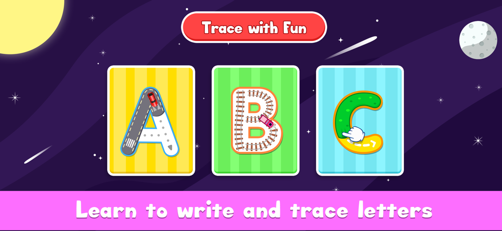 ABC Tracing & Phonics for Kids - Educational game interface for kids to learn tracing uppercase letters A B and C with fun interactive themes