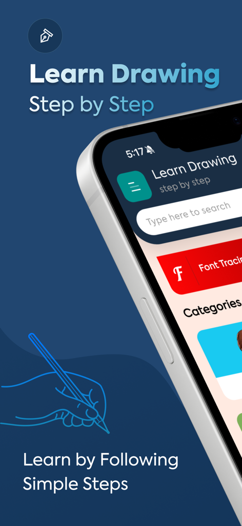 Mobile App-Oberfläche zum Erlernen des Zeichnens und Nachverfolgens von Buchstaben mit Schritt-für-Schritt-Anleitungen